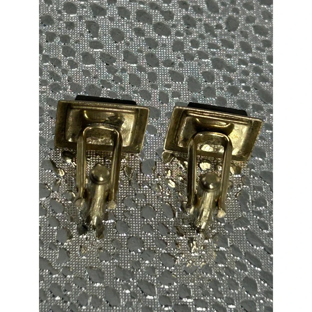 Vintage Gold Tone Square Cufflinks Black Rhinestone Mid‎ Century Formal Mens
